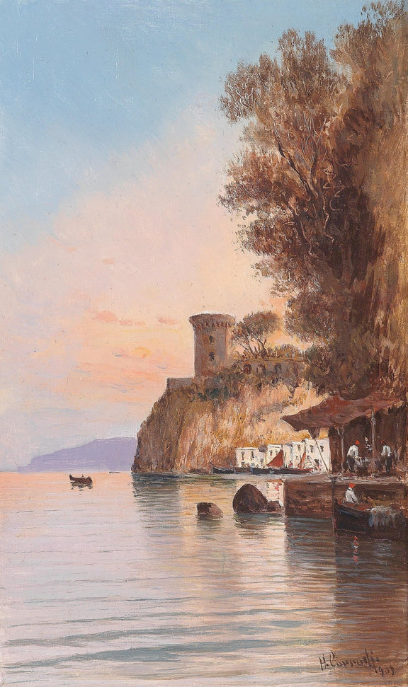 Coastal Cliff, Watchtower at Dusk – Hand - Painted Landscape Oil Painting - Oil Painting Haven