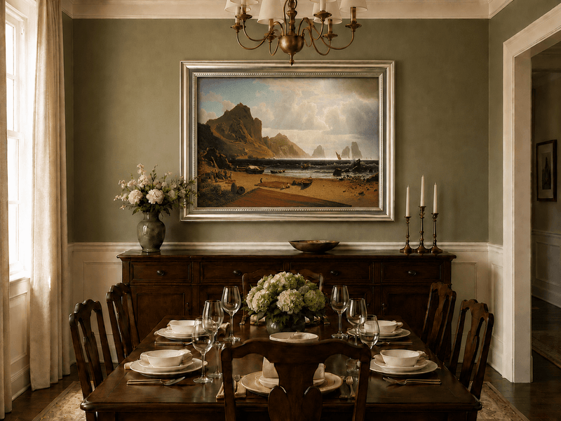 Framed hand-painted coastal cliffs oil painting with fishing boats and figures on a rocky beach displayed above a formal dining table.