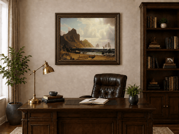 Framed hand-painted coastal cliffs oil painting with fishing boats and figures on a rocky beach displayed above a traditional home office desk.