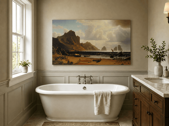 Unframed hand-painted coastal cliffs oil painting with fishing boats and figures on a rocky beach displayed above a freestanding bathtub.