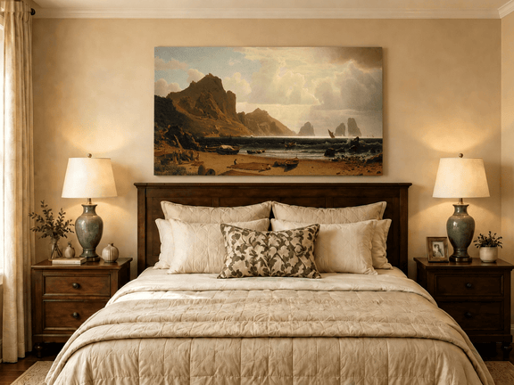 Unframed hand-painted coastal cliffs oil painting with fishing boats and figures on a rocky beach displayed above a wooden bed in a neutral bedroom.