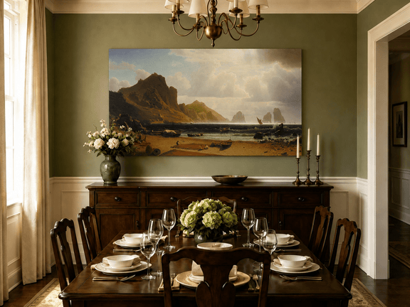 Unframed hand-painted coastal cliffs oil painting with fishing boats and figures on a rocky beach displayed above a formal dining table.