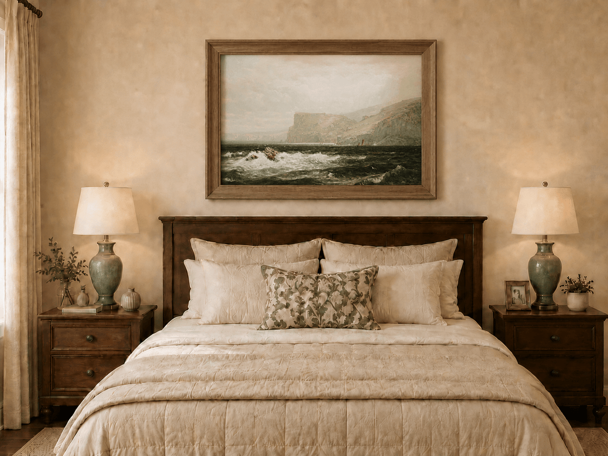 Framed hand-painted seascape oil painting with coastal cliffs, crashing waves and a seaside rock displayed above a wooden bed in a neutral bedroom.