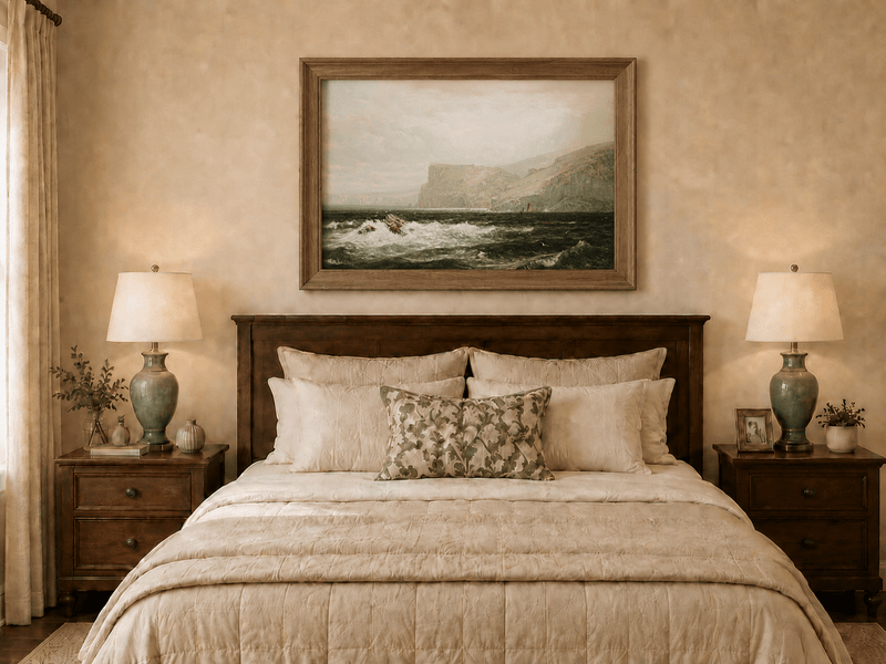Framed hand-painted seascape oil painting with coastal cliffs, crashing waves and a seaside rock displayed above a wooden bed in a neutral bedroom.