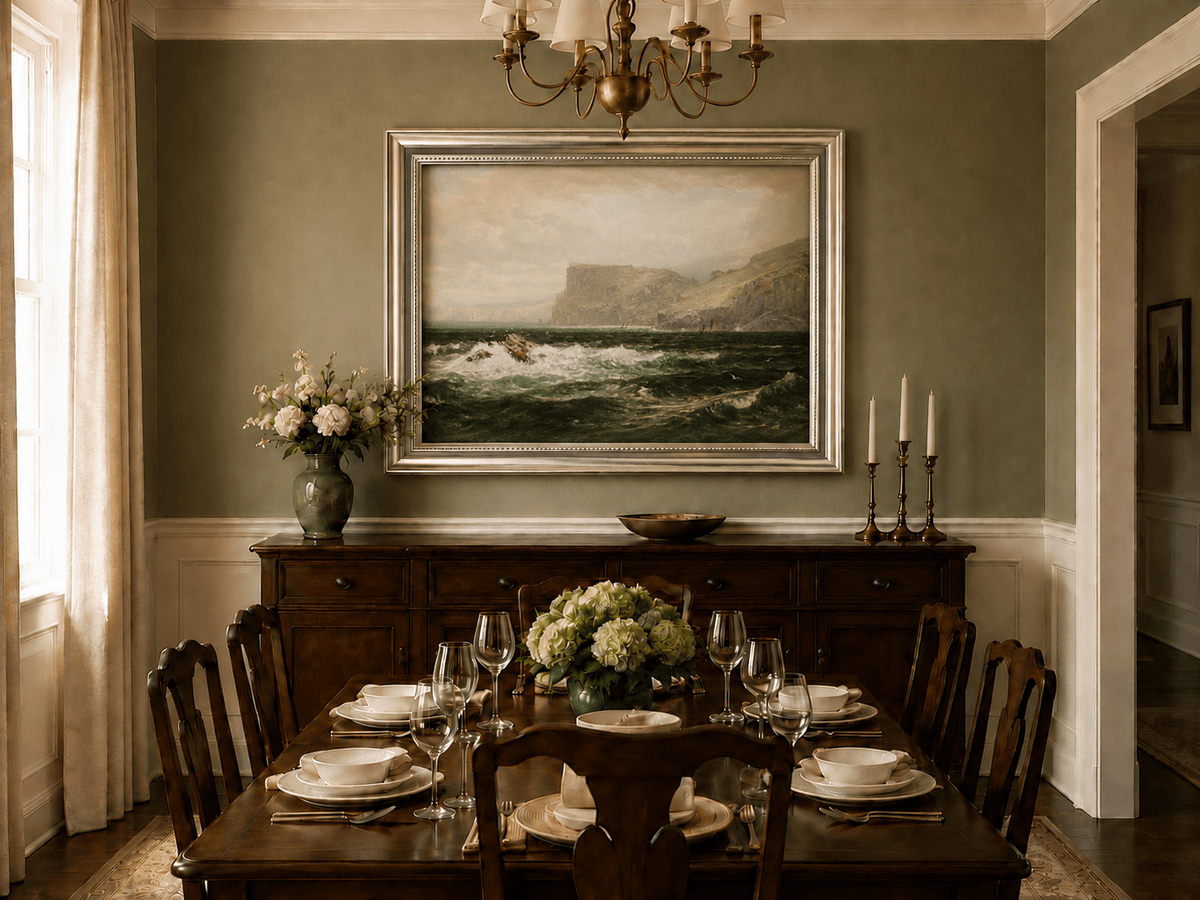 Framed hand-painted seascape oil painting with coastal cliffs, crashing waves and a seaside rock displayed above a formal dining table.