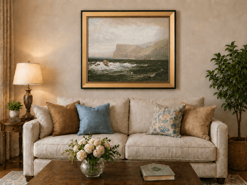Framed hand-painted seascape oil painting with coastal cliffs, crashing waves and a seaside rock displayed above a neutral living room sofa.