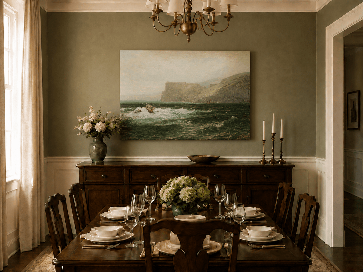 Unframed hand-painted seascape oil painting with coastal cliffs, crashing waves and a seaside rock displayed above a formal dining table.