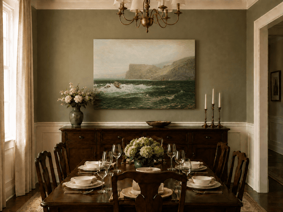 Unframed hand-painted seascape oil painting with coastal cliffs, crashing waves and a seaside rock displayed above a formal dining table.