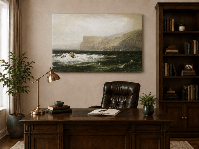 Unframed hand-painted seascape oil painting with coastal cliffs, crashing waves and a seaside rock displayed above a traditional home office desk.