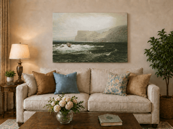 Unframed hand-painted seascape oil painting with coastal cliffs, crashing waves and a seaside rock displayed above a neutral living room sofa.