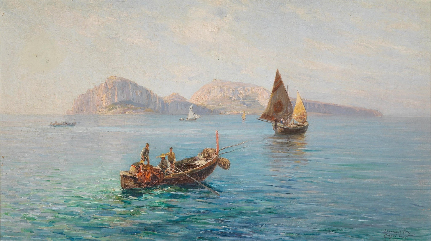 Hand-painted coastal fishermen and calm seas nautical oil painting on canvas