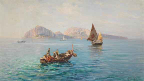 Hand-painted coastal fishermen and calm seas nautical oil painting on canvas
