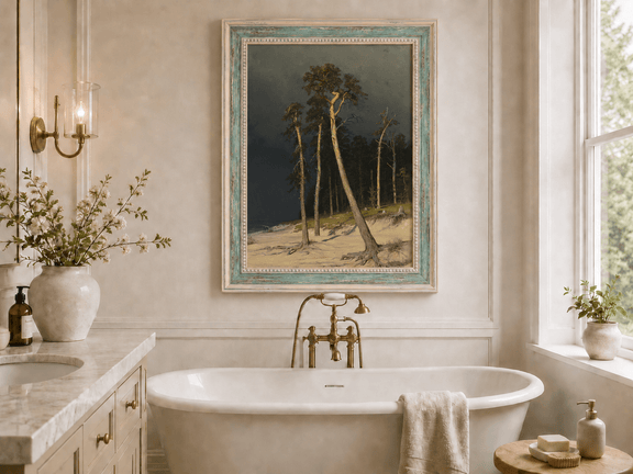 Framed hand-painted coastal forest oil painting with tall pines on a sandy shore displayed above a freestanding bathtub.