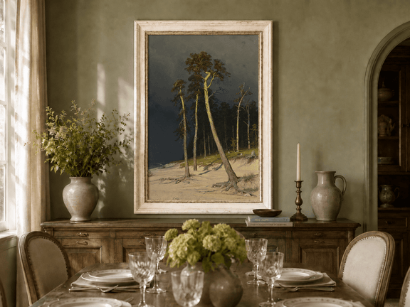 Framed hand-painted coastal forest oil painting with tall pines on a sandy shore displayed above a formal dining table.