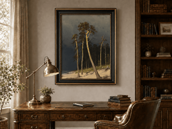 Framed hand-painted coastal forest oil painting with tall pines on a sandy shore displayed above a traditional home office desk.