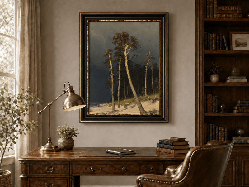 Framed hand-painted coastal forest oil painting with tall pines on a sandy shore displayed above a traditional home office desk.