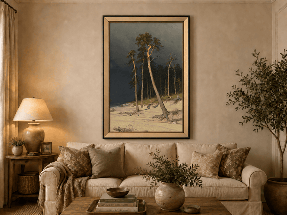 Framed hand-painted coastal forest oil painting with tall pines on a sandy shore displayed above a neutral living room sofa.