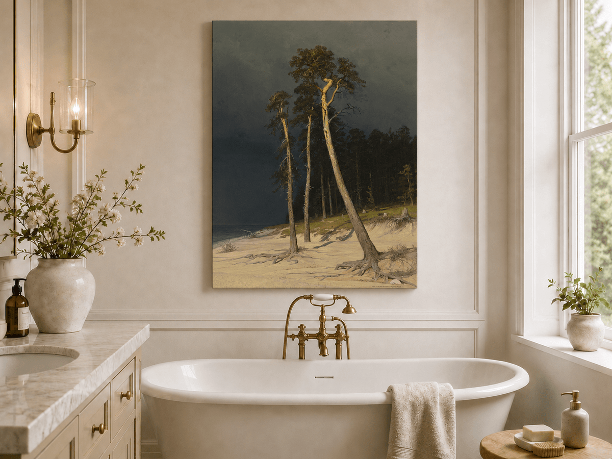 Unframed hand-painted coastal forest oil painting with tall pines on a sandy shore displayed above a freestanding bathtub.