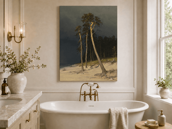 Unframed hand-painted coastal forest oil painting with tall pines on a sandy shore displayed above a freestanding bathtub.