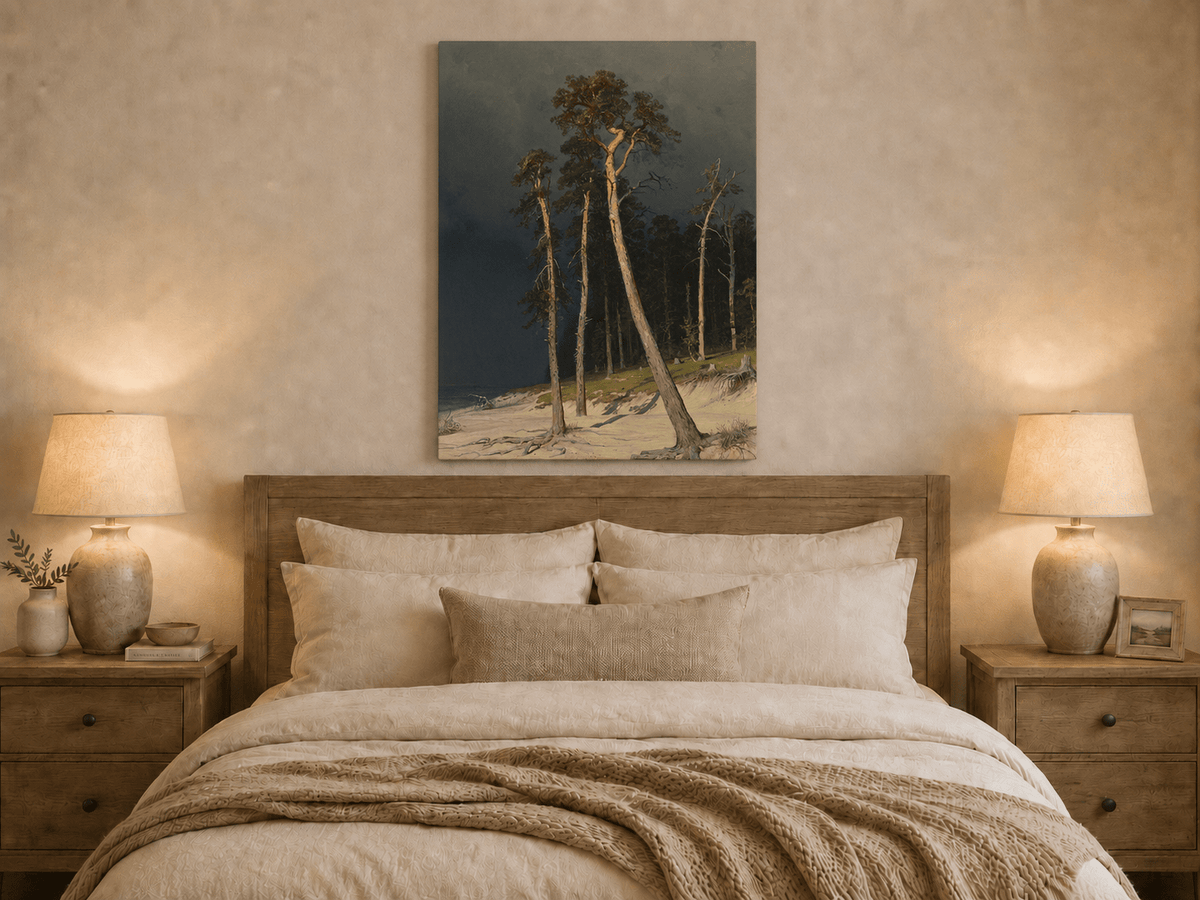 Unframed hand-painted coastal forest oil painting with tall pines on a sandy shore displayed above a wooden bed in a neutral bedroom.