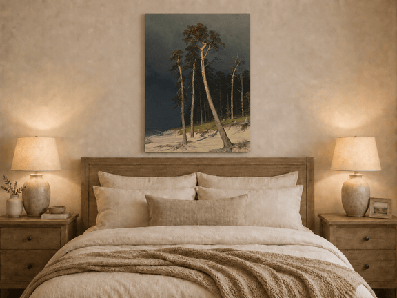 Unframed hand-painted coastal forest oil painting with tall pines on a sandy shore displayed above a wooden bed in a neutral bedroom.