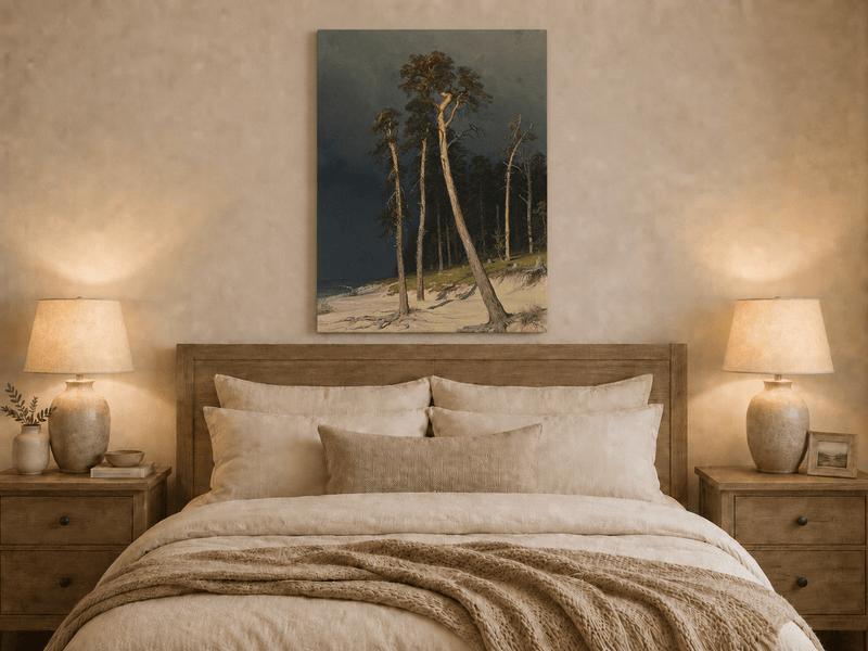 Unframed hand-painted coastal forest oil painting with tall pines on a sandy shore displayed above a wooden bed in a neutral bedroom.