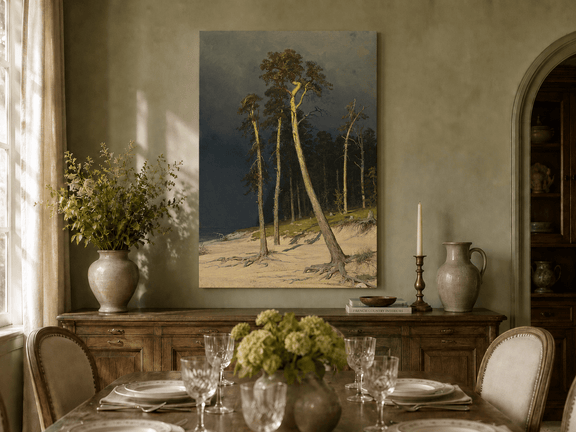 Unframed hand-painted coastal forest oil painting with tall pines on a sandy shore displayed above a formal dining table.