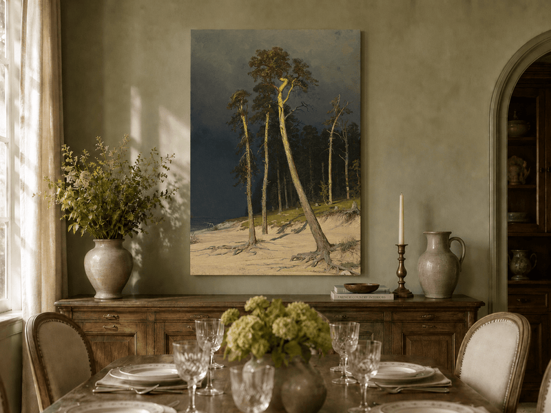 Unframed hand-painted coastal forest oil painting with tall pines on a sandy shore displayed above a formal dining table.