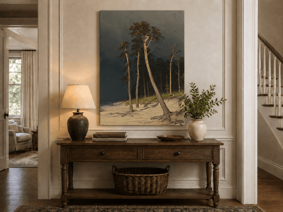 Unframed hand-painted coastal forest oil painting with tall pines on a sandy shore displayed above an entryway console table.