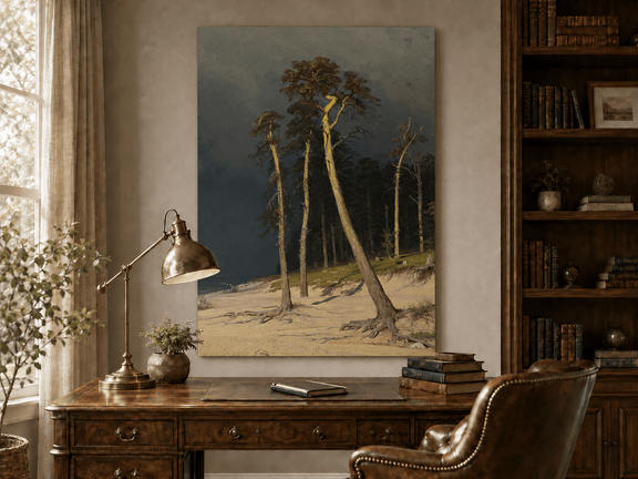 Unframed hand-painted coastal forest oil painting with tall pines on a sandy shore displayed above a traditional home office desk.