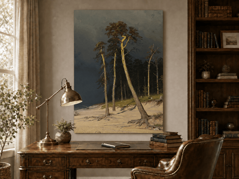Unframed hand-painted coastal forest oil painting with tall pines on a sandy shore displayed above a traditional home office desk.