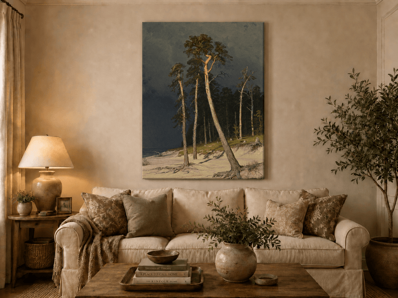 Unframed hand-painted coastal forest oil painting with tall pines on a sandy shore displayed above a neutral living room sofa.