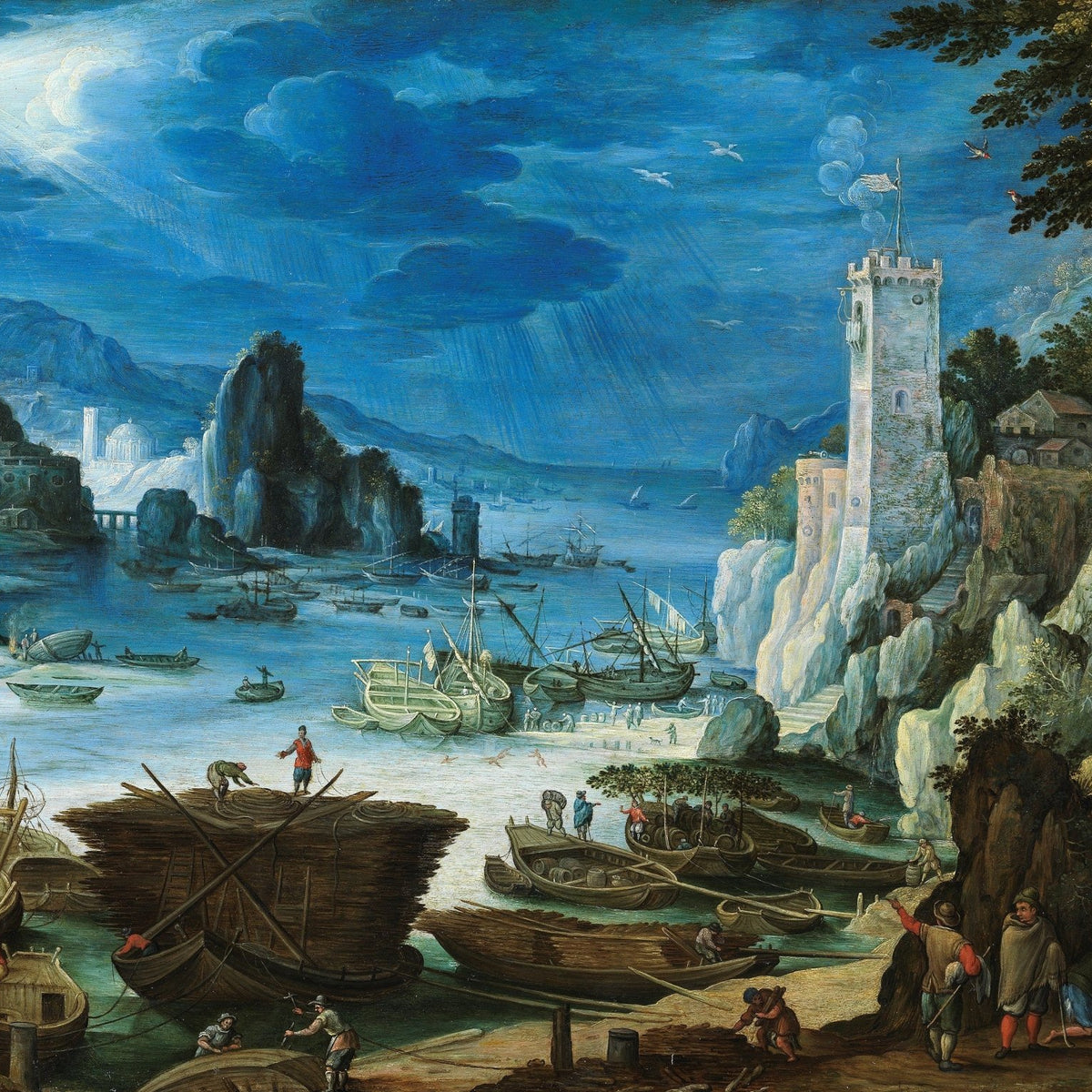 Hand painted landscape oil painting on canvas showing a coastal harbor with textured brushwork, sailboats docked along rocky . - Add Frame, Boat, Canvas, Coastal, Hand Painted, Harbor, Landscape, Made To Order, Oil Painting, Seascape