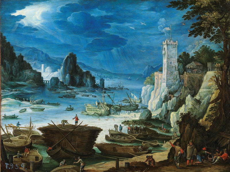 Hand painted landscape oil painting on canvas showing a coastal harbor with textured brushwork, sailboats docked along rocky . - Add Frame, Boat, Canvas, Coastal, Hand Painted, Harbor, Landscape, Made To Order, Oil Painting, Seascape