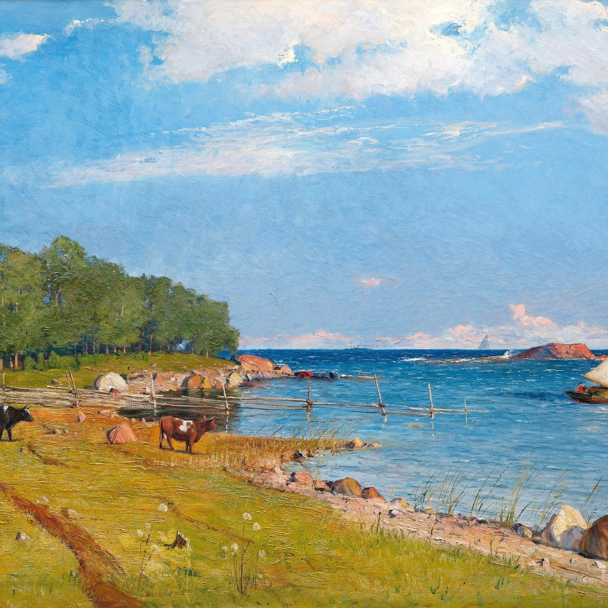Coastal Meadow with Cows and Sailboat – Landscape Oil Painting - Oil Painting Haven