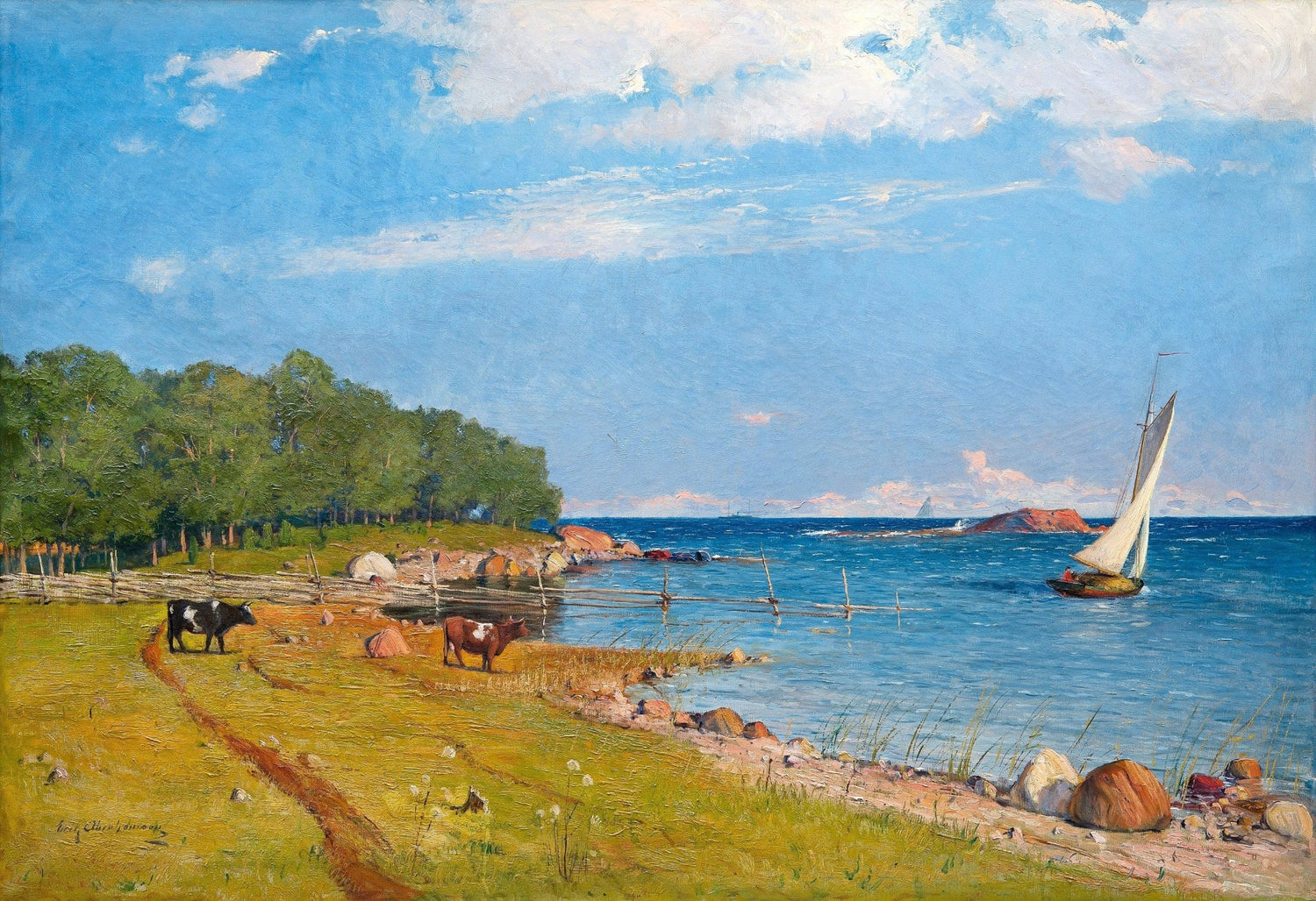Coastal Meadow with Cows and Sailboat – Landscape Oil Painting - Oil Painting Haven