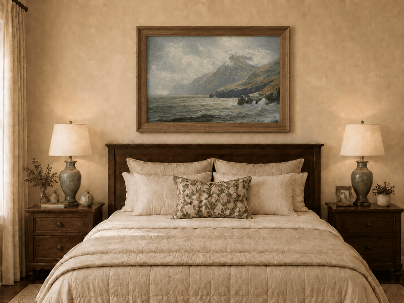 Framed hand-painted coastal mountain oil painting with waves breaking on a rocky shore displayed above a wooden bed in a neutral bedroom.