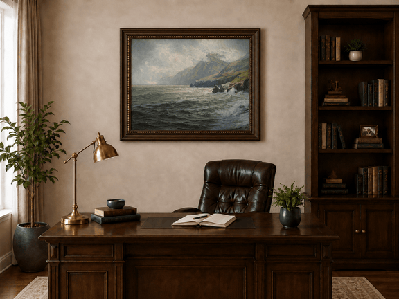 Framed hand-painted coastal mountain oil painting with waves breaking on a rocky shore displayed above a traditional home office desk.