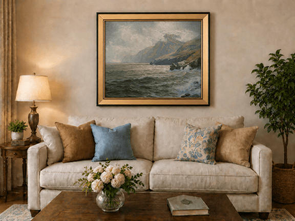 Framed hand-painted coastal mountain oil painting with waves breaking on a rocky shore displayed above a neutral living room sofa.