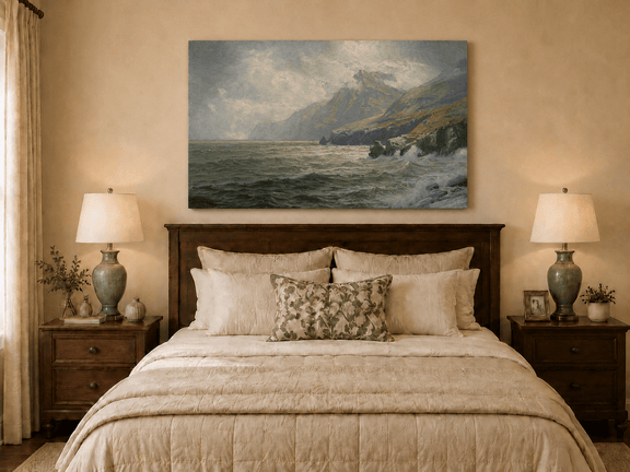 Unframed hand-painted coastal mountain oil painting with waves breaking on a rocky shore displayed above a wooden bed in a neutral bedroom.