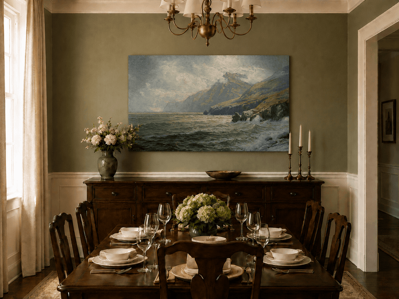 Unframed hand-painted coastal mountain oil painting with waves breaking on a rocky shore displayed above a formal dining table.