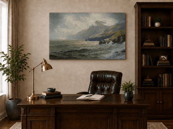 Unframed hand-painted coastal mountain oil painting with waves breaking on a rocky shore displayed above a traditional home office desk.