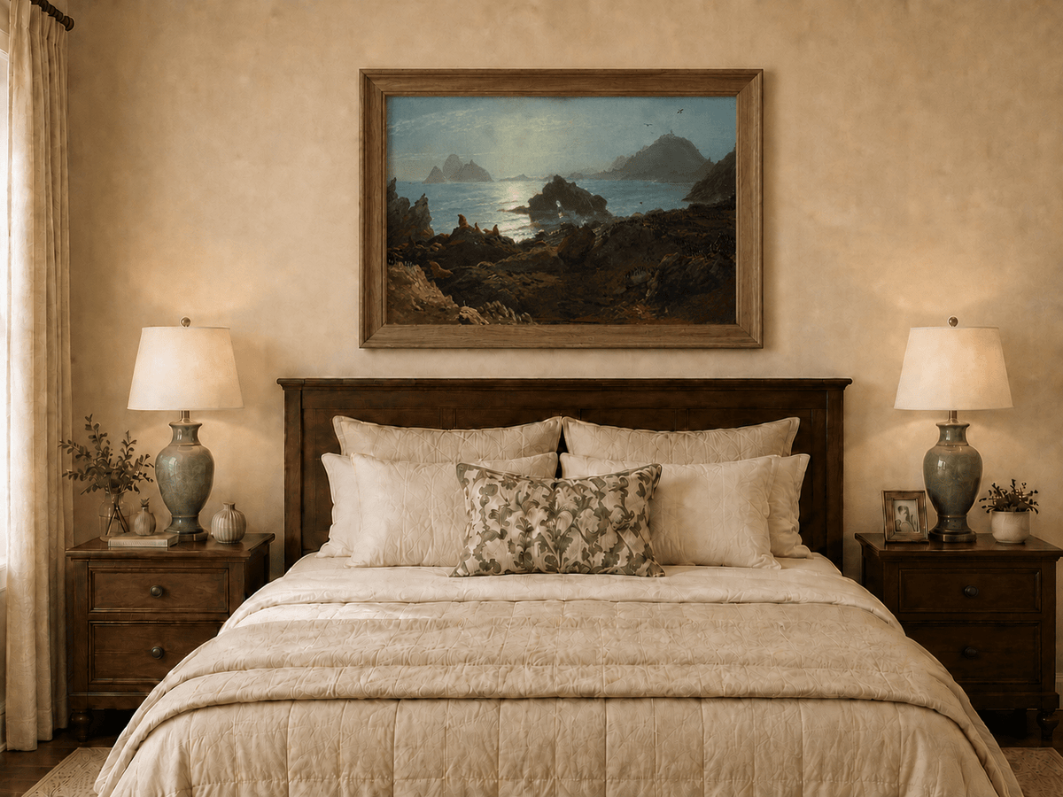 Framed hand-painted coastal oil painting with a rocky shoreline, wildlife and distant sea stacks displayed above a wooden bed in a neutral bedroom.