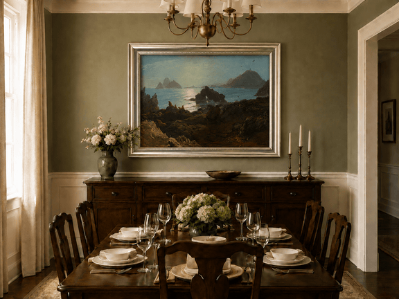 Framed hand-painted coastal oil painting with a rocky shoreline, wildlife and distant sea stacks displayed above a formal dining table.