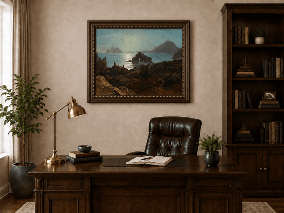 Framed hand-painted coastal oil painting with a rocky shoreline, wildlife and distant sea stacks displayed above a traditional home office desk.