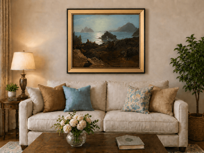 Framed hand-painted coastal oil painting with a rocky shoreline, wildlife and distant sea stacks displayed above a neutral living room sofa.