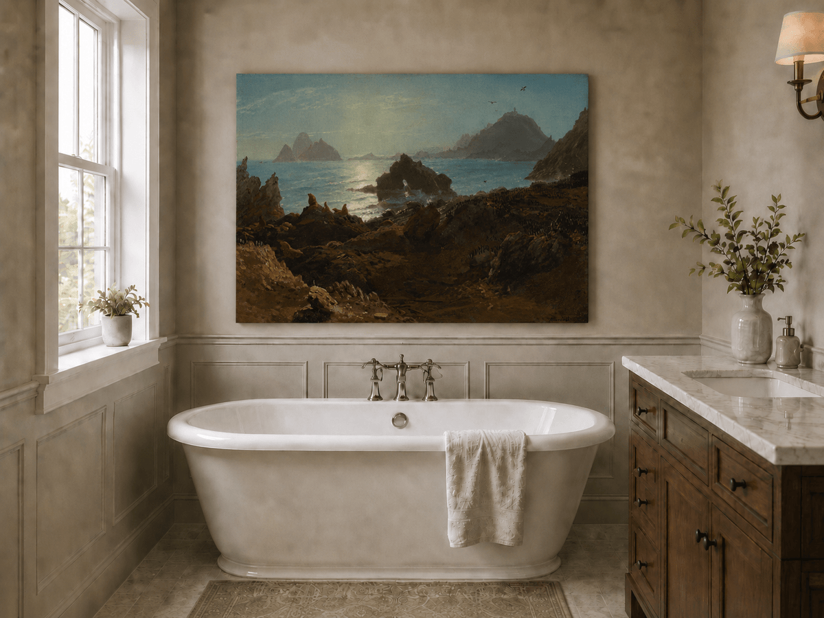 Unframed hand-painted coastal oil painting with a rocky shoreline, wildlife and distant sea stacks displayed above a freestanding bathtub.