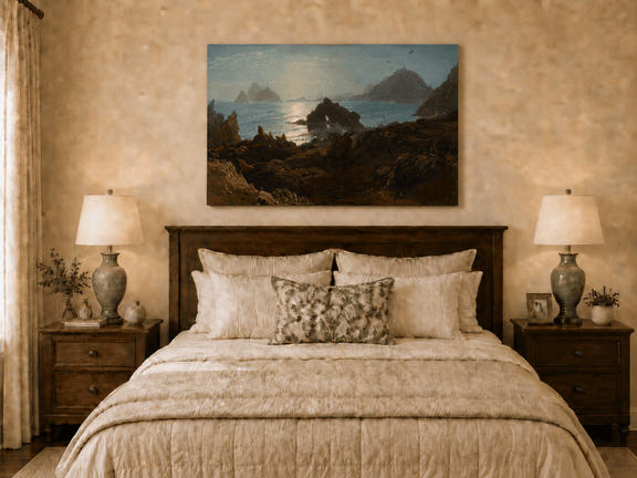 Unframed hand-painted coastal oil painting with a rocky shoreline, wildlife and distant sea stacks displayed above a wooden bed in a neutral bedroom.