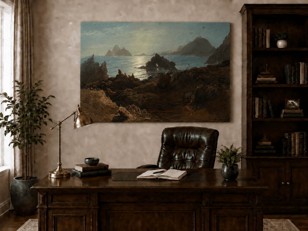Unframed hand-painted coastal oil painting with a rocky shoreline, wildlife and distant sea stacks displayed above a traditional home office desk.