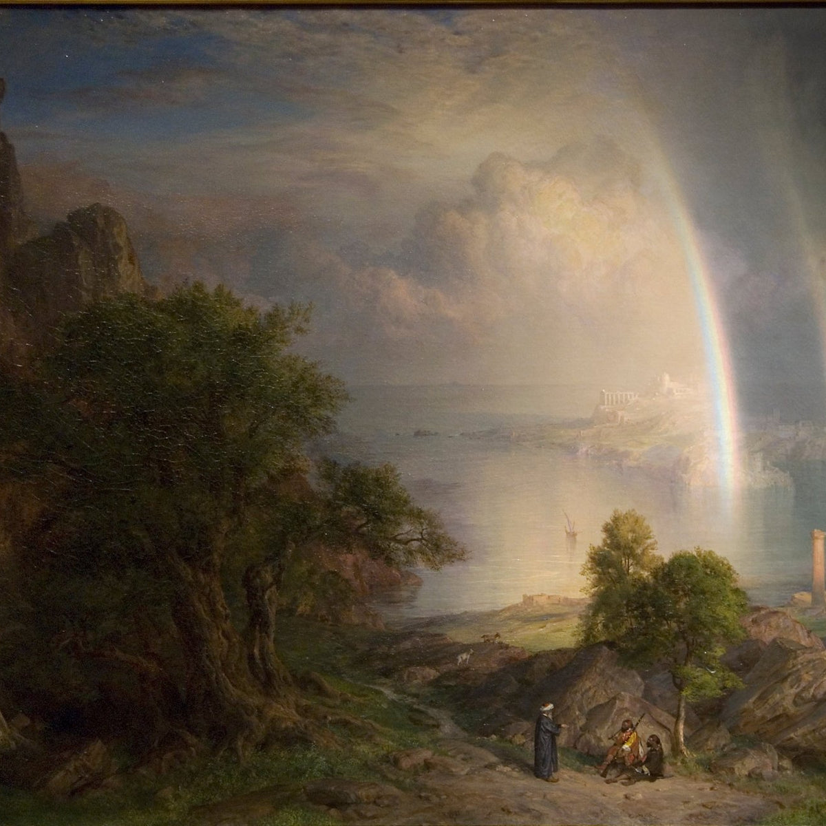 Coastal Ruins, Rainbow over the Aegean Sea – Landscape Oil Painting - Oil Painting Haven